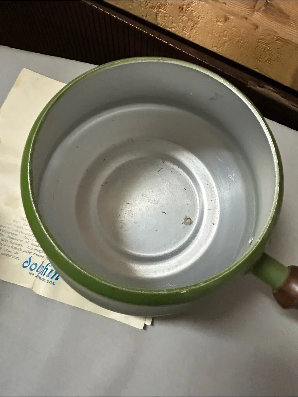 Vintage Green Enamel Fondue Pot with Wooden Handle